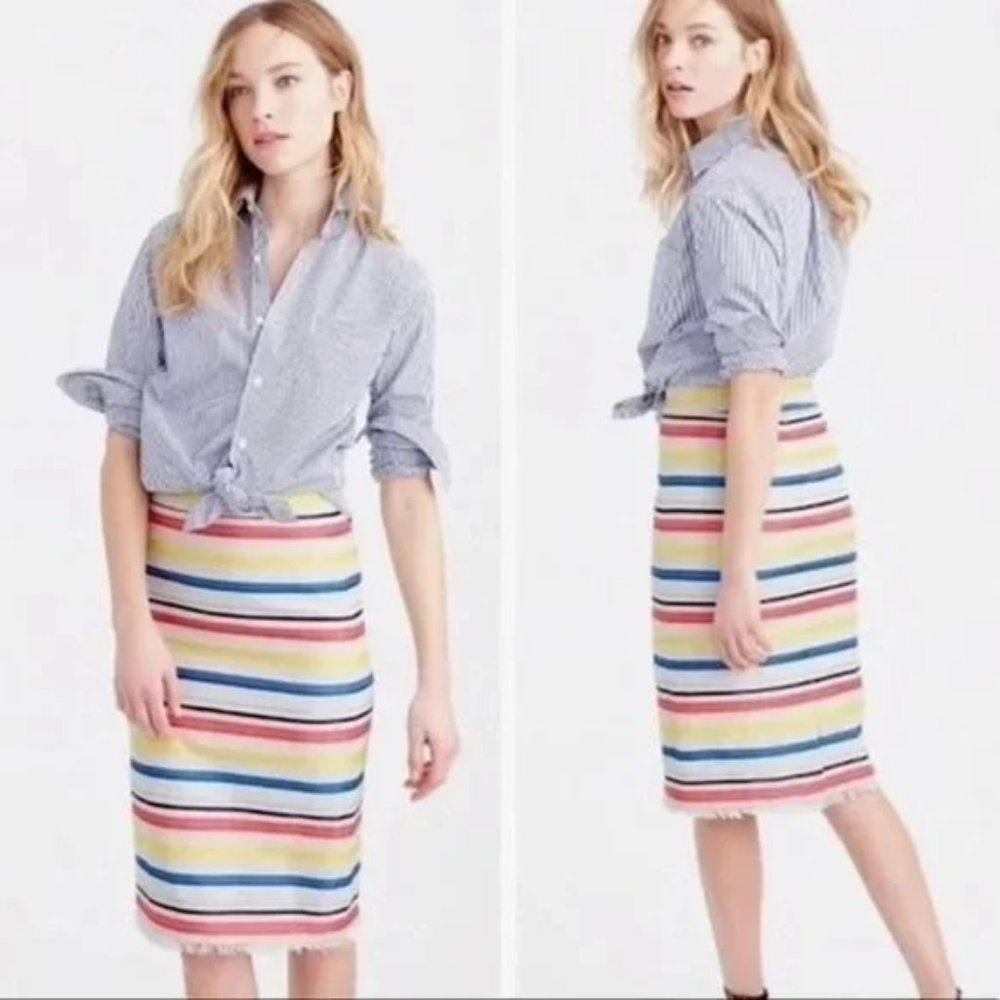 J.Crew The Pencil Skirt Colorful Jacquard Striped Fringe Hem E8728